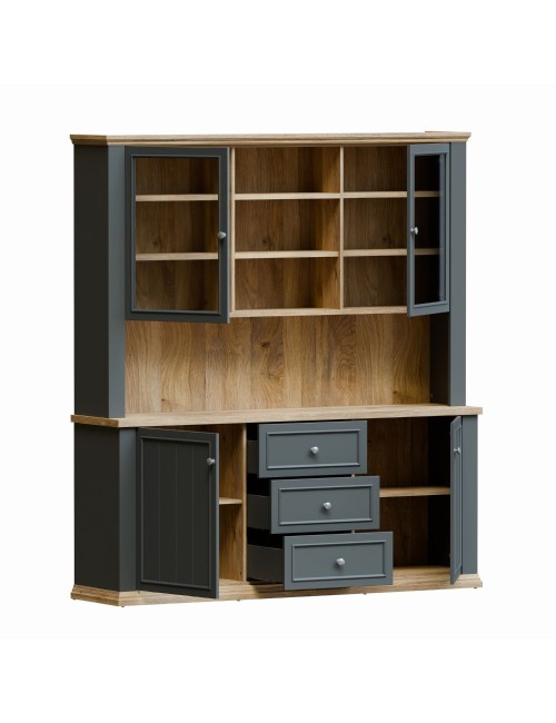 Vetrina Essenza 4 Ante, 3 Cassetti e Nicchie a Giorno Grigio Scuro e Rovere – Stile Classico Moderno