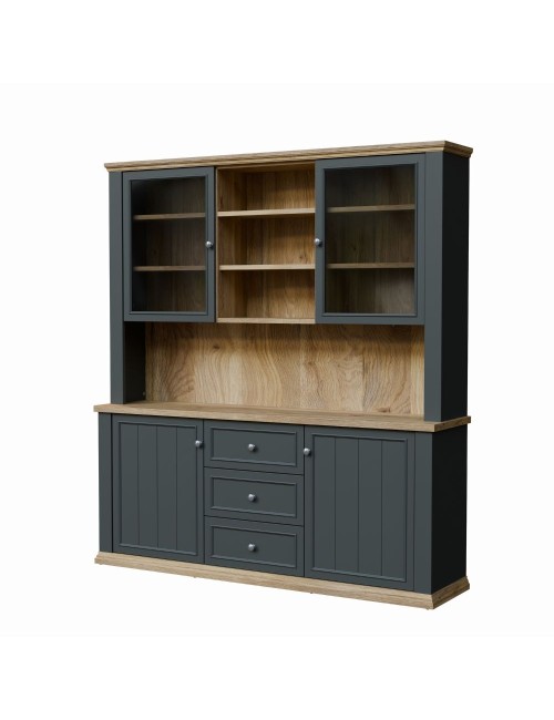 Vetrina Essenza 4 Ante, 3 Cassetti e Nicchie a Giorno Grigio Scuro e Rovere – Stile Classico Moderno