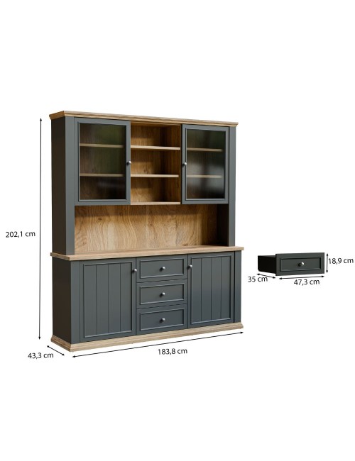 Vetrina Essenza 4 Ante, 3 Cassetti e Nicchie a Giorno Grigio Scuro e Rovere – Stile Classico Moderno