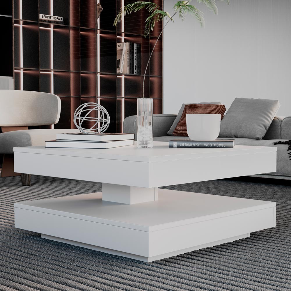 Tavolino da salotto Monolith con doppio piano quadrato girevole colore bianco 67x67 cm