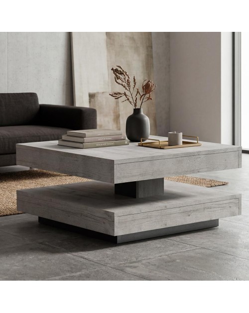 Tavolino da salotto Monolith con doppio piano quadrato girevole colore cemento 67x67 cm