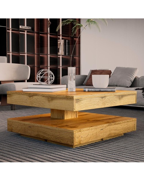 Tavolino da salotto Monolith con doppio piano quadrato girevole in rovere wotan 67x67 cm