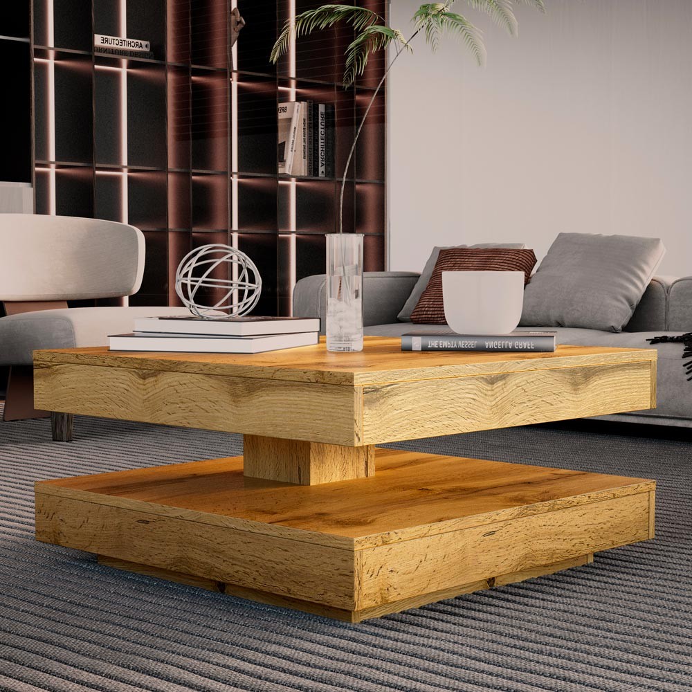 Tavolino da salotto Monolith con doppio piano quadrato girevole in rovere wotan 67x67 cm