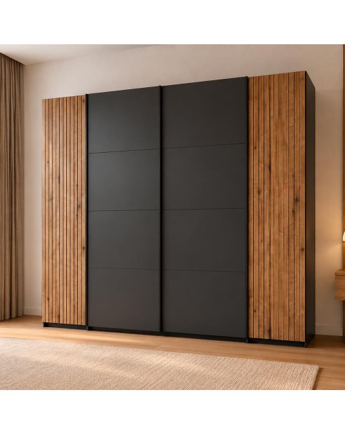 Armadio Esteban624 4 ante con 2 scorrevoli, 2 battenti e dettagli listellati antracite e rovere evoque 270 cm