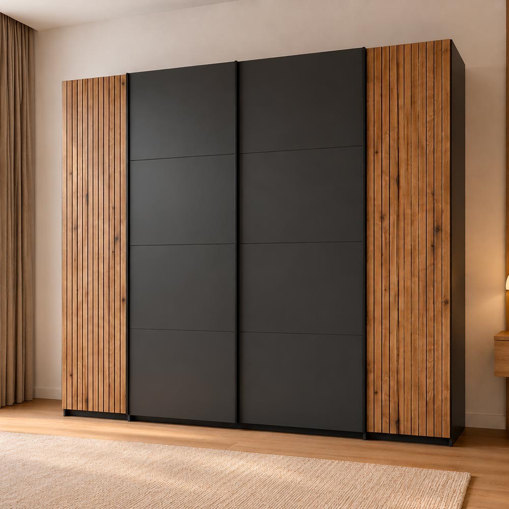 Armadio Esteban624 4 ante con 2 scorrevoli, 2 battenti e dettagli listellati antracite e rovere evoque 270 cm