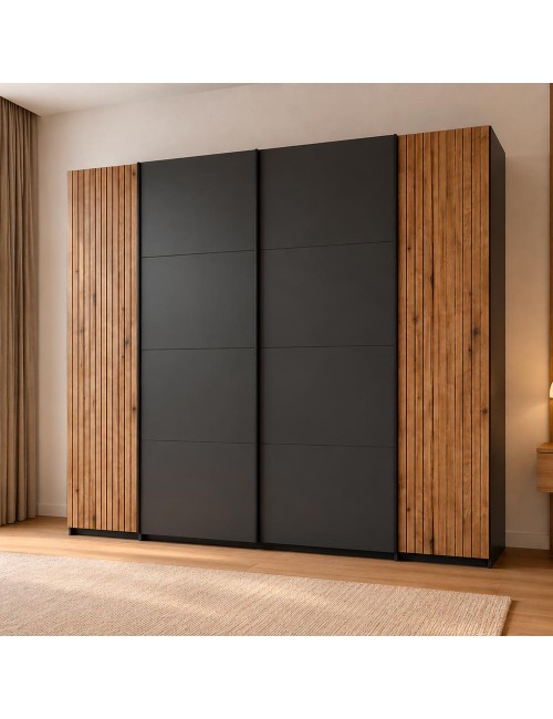 Armadio Esteban624 4 ante con 2 scorrevoli, 2 battenti e dettagli listellati antracite e rovere evoque 270 cm