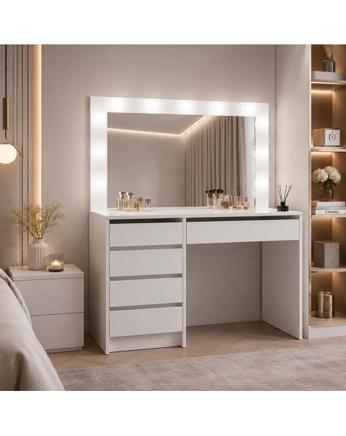 Toeletta trucco Elite bianca con specchio 5 cassetti e lampadine LED 120x55x150H