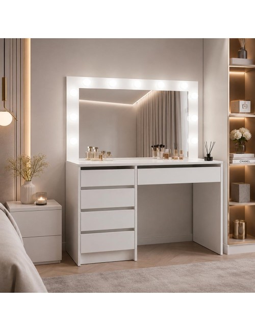 Toeletta trucco Elite bianca con specchio 5 cassetti e lampadine LED 120x55x150H