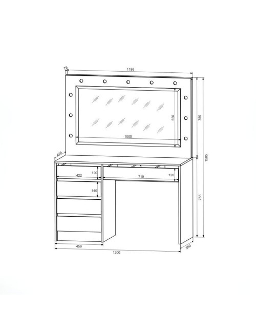Toeletta trucco Elite bianca con specchio 5 cassetti e lampadine LED 120x55x150H