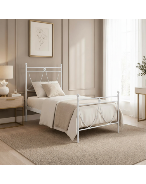 Letto in ferro singolo Melissa con decoro floreale bianco opaco 90x200 cm.