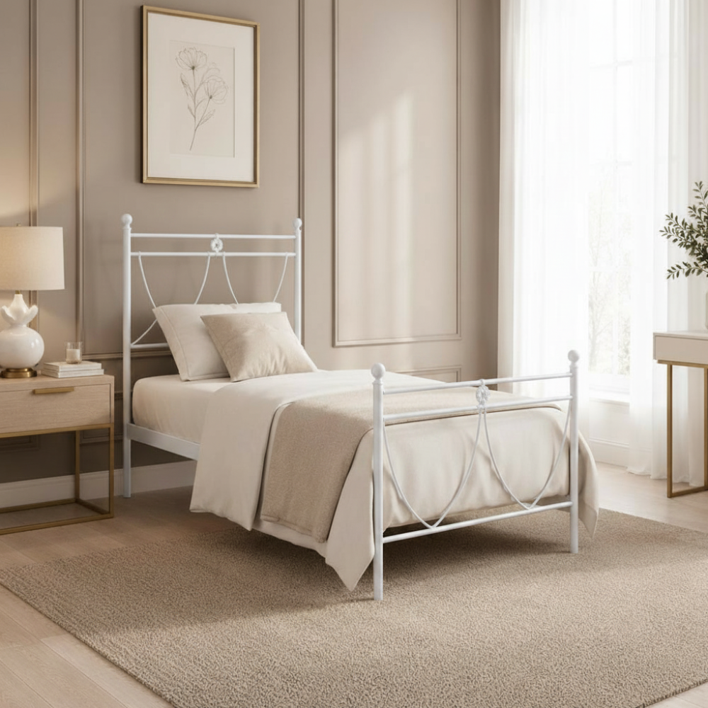 Letto in ferro singolo Melissa con decoro floreale bianco opaco 90x200 cm.