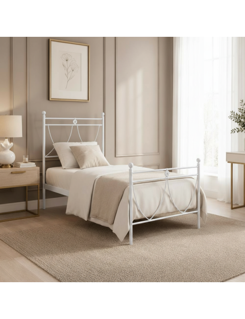 Letto in ferro singolo Melissa con decoro floreale bianco opaco 90x200 cm.