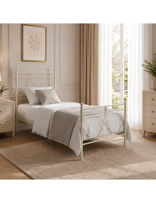 Letto in ferro singolo Melissa con decoro floreale bianco opaco 90x200 cm.