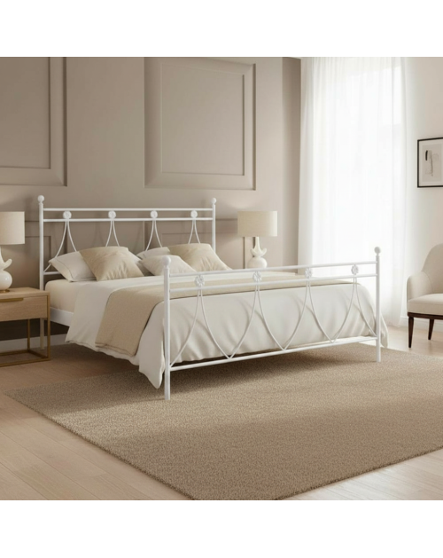 Letto in ferro matrimoniale Melissa con decoro floreale bianco opaco 170x200 cm.