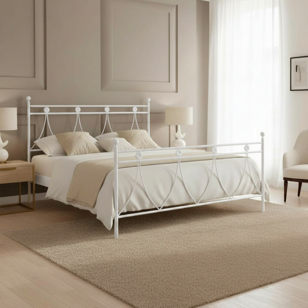 Letto in ferro matrimoniale Melissa con decoro floreale bianco opaco 170x200 cm.