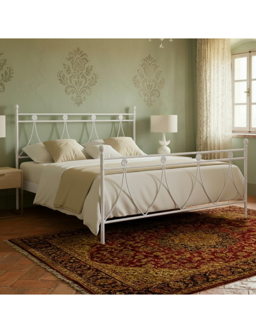 Letto in ferro matrimoniale Melissa con decoro floreale bianco opaco 170x200 cm.