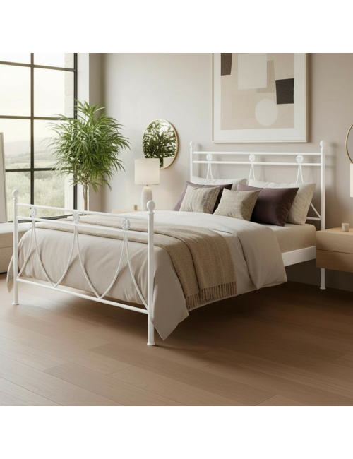 Letto in ferro una piazza e mezza Melissa con decoro floreale bianco opaco 130x200 cm.
