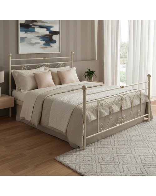 Letto matrimoniale in ferro battuto Giacinto con decori lavorati bianco opaco 170x200 cm