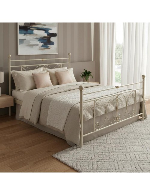 Letto matrimoniale in ferro battuto Giacinto con decori lavorati bianco opaco 170x200 cm