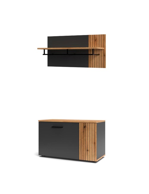 Set ingresso Esteban con mobile multiuso e mensola appendiabiti in antracite e rovere evoque