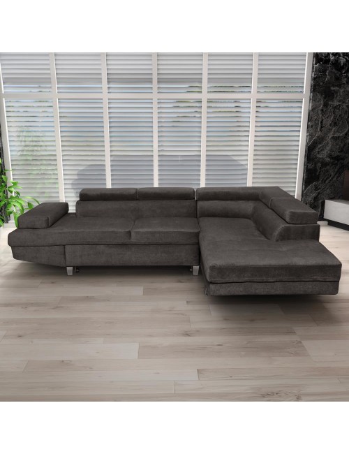 Divano letto angolare Rio con penisola contenitore destra in tessuto grigio scuro 272 cm