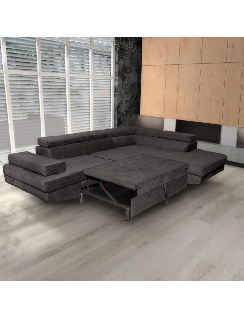 Divano letto angolare Rio con penisola contenitore destra in tessuto grigio scuro 272 cm