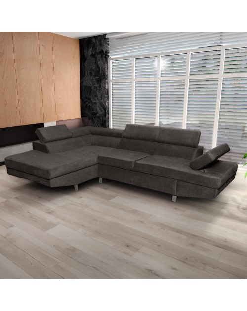 Divano letto angolare Rio con penisola contenitore sinistra in tessuto grigio scuro 272 cm