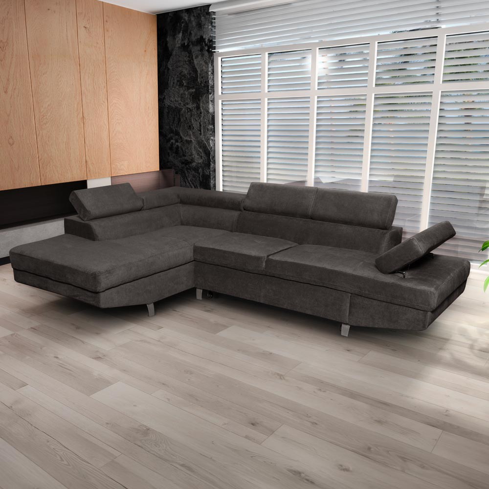 Divano letto angolare Rio con penisola contenitore sinistra in tessuto grigio scuro 272 cm