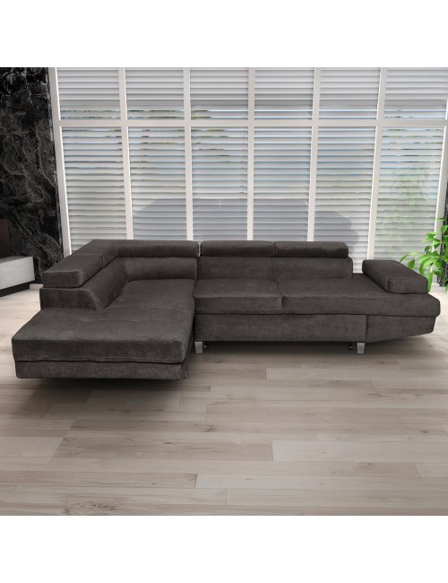 Divano letto angolare Rio con penisola contenitore sinistra in tessuto grigio scuro 272 cm