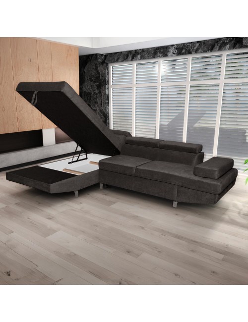 Divano letto angolare Rio con penisola contenitore sinistra in tessuto grigio scuro 272 cm