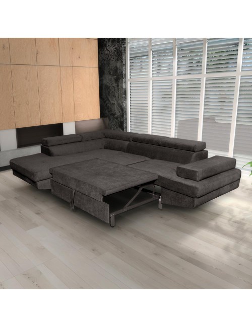 Divano letto angolare Rio con penisola contenitore sinistra in tessuto grigio scuro 272 cm