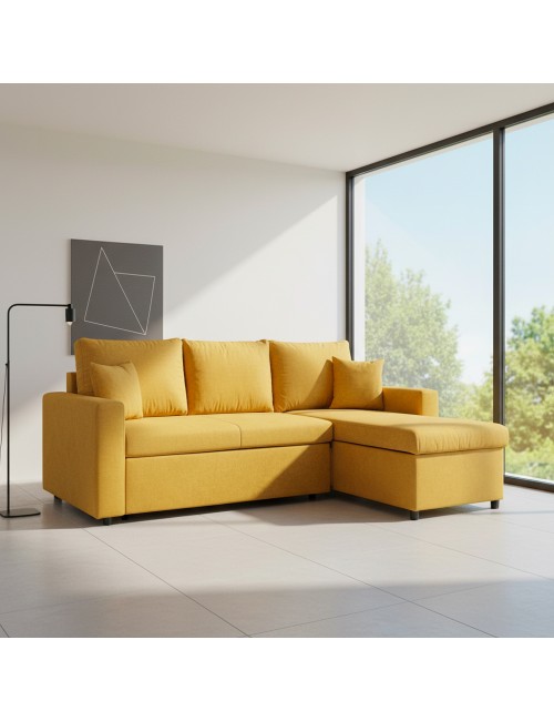 Divano con penisola reversibile funzione letto GolfStandard tessuto senape 225x148x81H