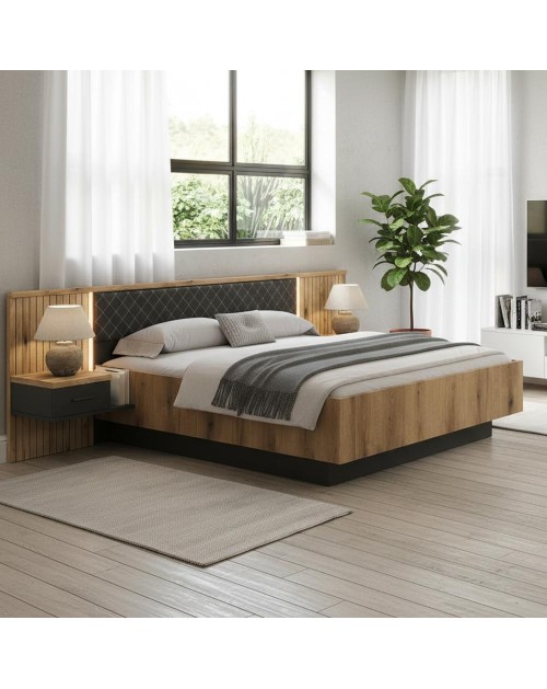Struttura letto matrimoniale Esteban296 con boiserie dogata, LED e comodini integrati rovere e antracite per rete 180x200 cm