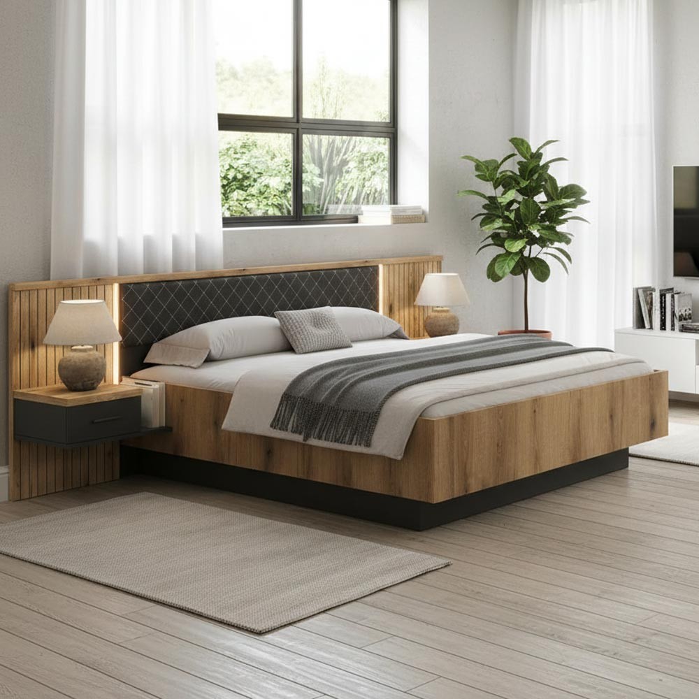 Struttura letto matrimoniale Esteban296 con boiserie dogata, LED e comodini integrati rovere e antracite per rete 180x200 cm