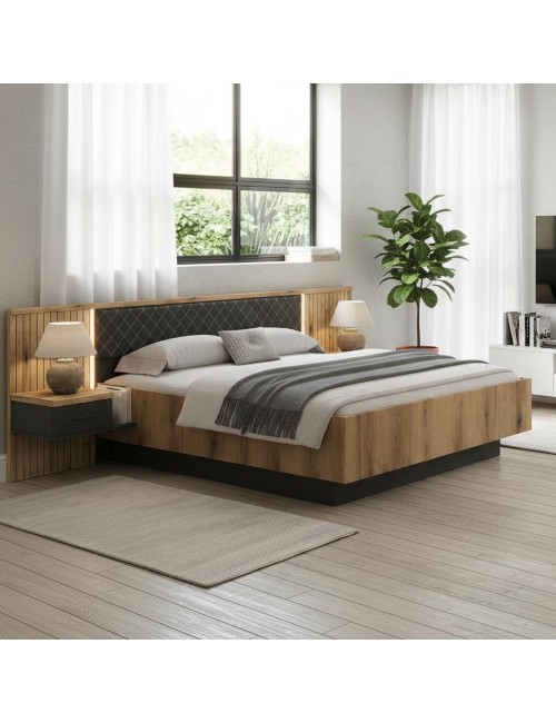Struttura letto matrimoniale Esteban296 con boiserie dogata, LED e comodini integrati rovere e antracite per rete 180x200 cm