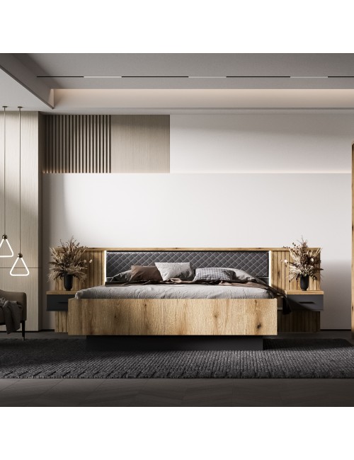 Struttura letto matrimoniale Esteban296 con boiserie dogata, LED e comodini integrati rovere e antracite per rete 180x200 cm