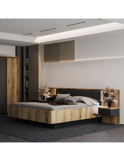 Struttura letto matrimoniale Esteban296 con boiserie dogata, LED e comodini integrati rovere e antracite per rete 180x200 cm