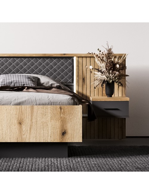 Struttura letto matrimoniale Esteban296 con boiserie dogata, LED e comodini integrati rovere e antracite per rete 180x200 cm