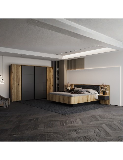 Struttura letto matrimoniale Esteban296 con boiserie dogata, LED e comodini integrati rovere e antracite per rete 180x200 cm