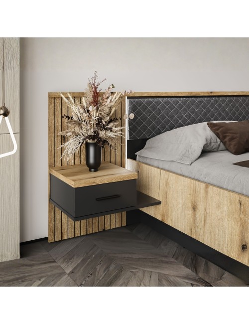 Struttura letto matrimoniale Esteban296 con boiserie dogata, LED e comodini integrati rovere e antracite per rete 180x200 cm