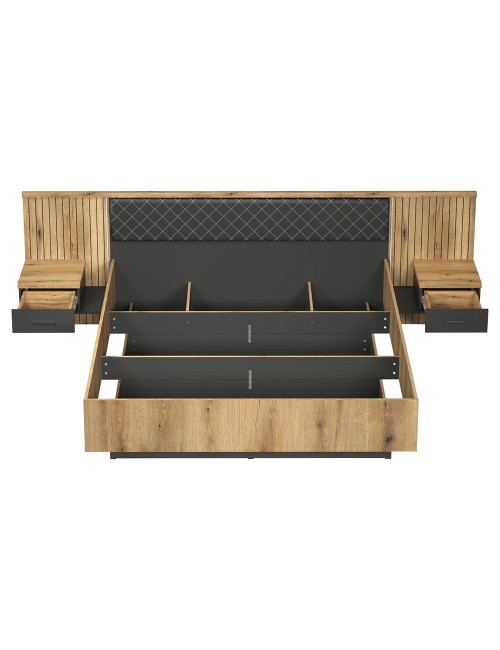 Struttura letto matrimoniale Esteban296 con boiserie dogata, LED e comodini integrati rovere e antracite per rete 180x200 cm