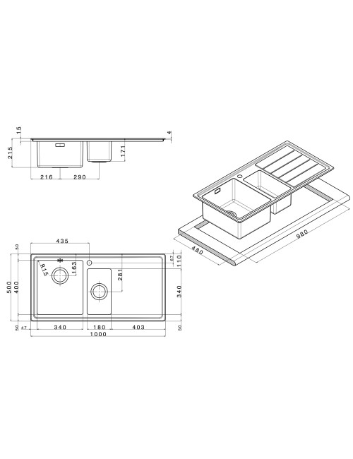 Samet Lavello Cucina 2 Vasche e Gocciolatoio Sinistro 100x50 cm