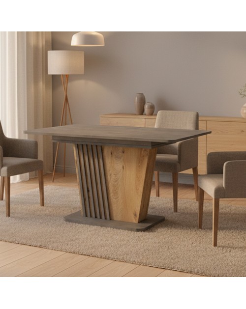 Tavolo allungabile Luna con piano e base cemento e struttura portante in rovere con dettaglio listellare 120x75x75H