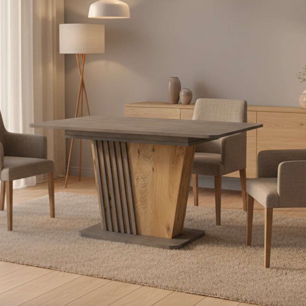 Tavolo allungabile Luna con piano e base cemento e struttura portante in rovere con dettaglio listellare 120x75x75H