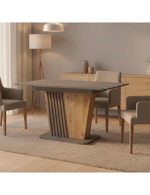 Tavolo allungabile Luna con piano e base cemento e struttura portante in rovere con dettaglio listellare 120x75x75H