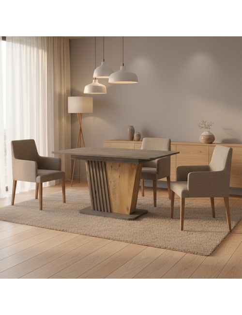 Tavolo allungabile Luna con piano e base cemento e struttura portante in rovere con dettaglio listellare 120x75x75H