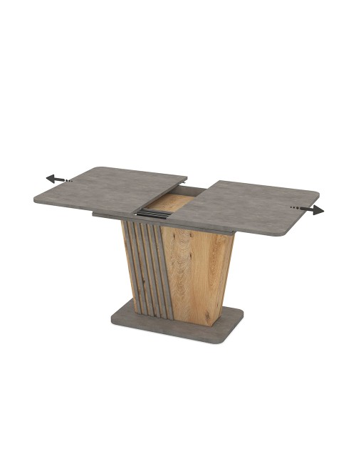 Tavolo allungabile Luna con piano e base cemento e struttura portante in rovere con dettaglio listellare 120x75x75H