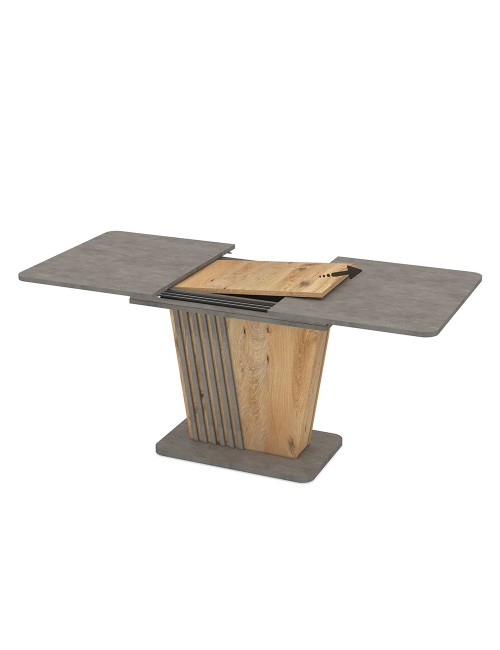 Tavolo allungabile Luna con piano e base cemento e struttura portante in rovere con dettaglio listellare 120x75x75H