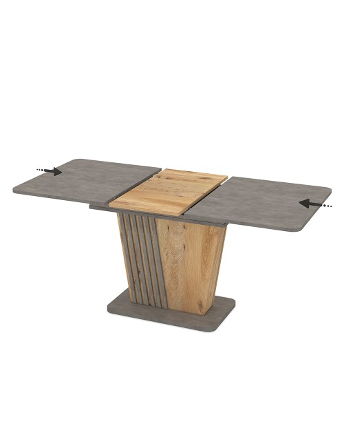 Tavolo allungabile Luna con piano e base cemento e struttura portante in rovere con dettaglio listellare 120x75x75H