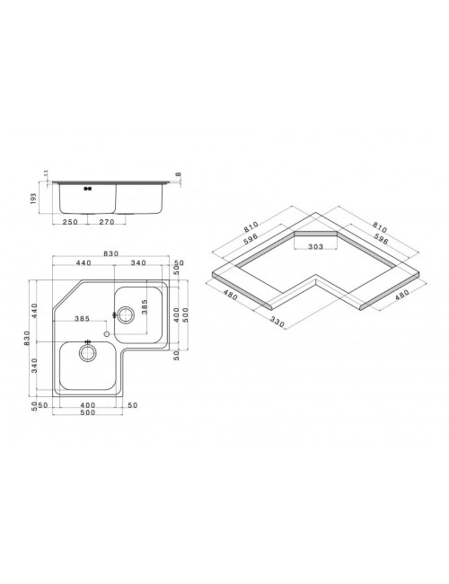 Lavello angolare da incasso ROAN2IBC 2 vasche e gocciolatoio 83x83 cm. inox